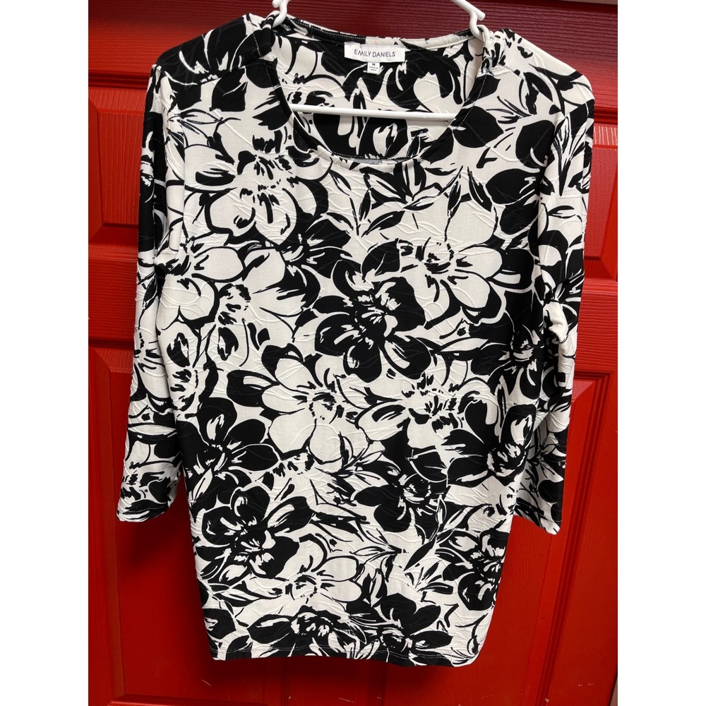 Emily Daniels Womens Black White Floral Textured 3/4 Sleeve Blouse Top Medium